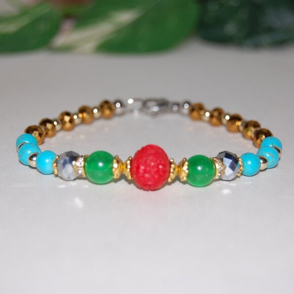 Multicolor Bracelet,Carved Charm,Stone and Glass Beads,Clasp Closure Bracelet - Picture 2 of 2